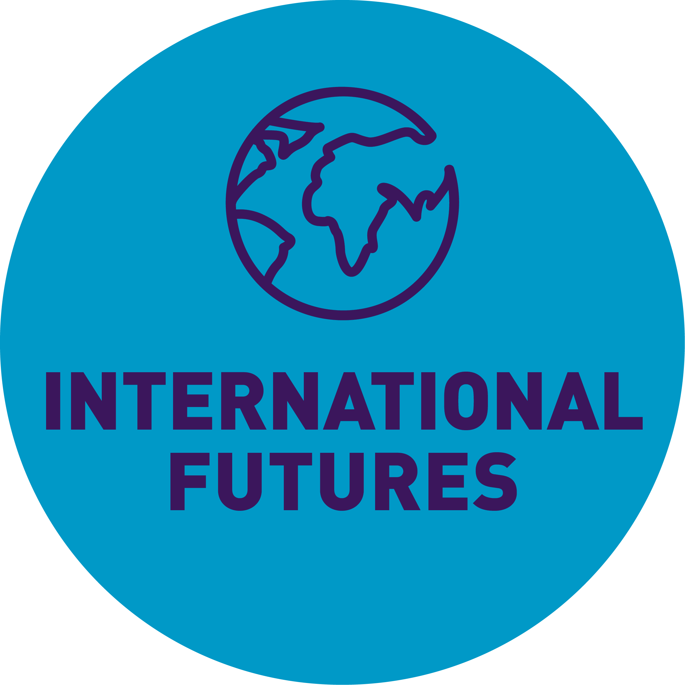 INTERNATIONAL FUTURES in a blue circle under a globe